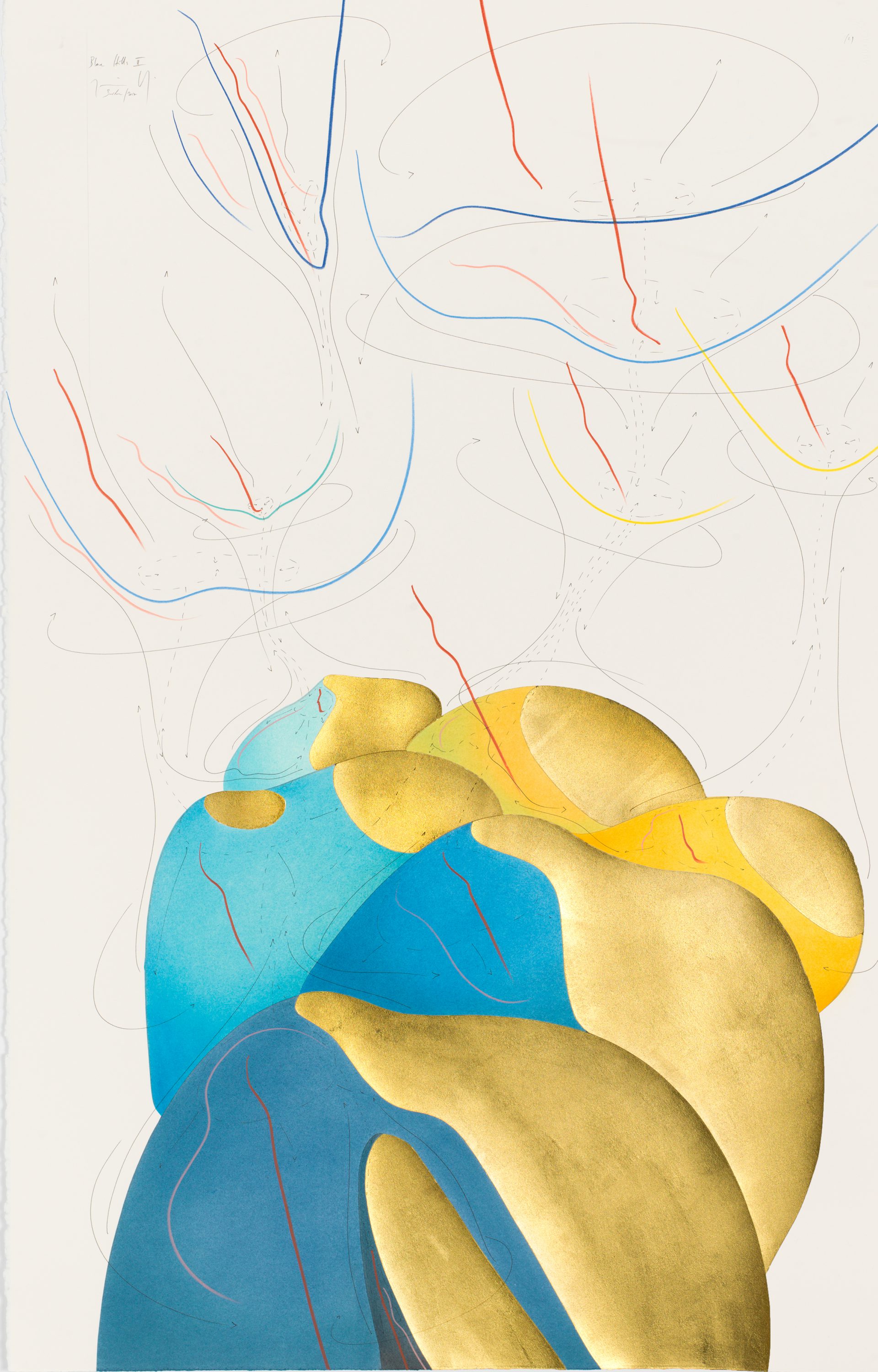 Blue Hills II Berlin 2017 102 x 66 cm Tinte, Blattgold, Pastell, Ölkreide, Graphit auf Papier, Unikat, Signiert Ink, gold leaf, pastels, oil chalks, graphite on paper, unique work, signed WV 2017-144