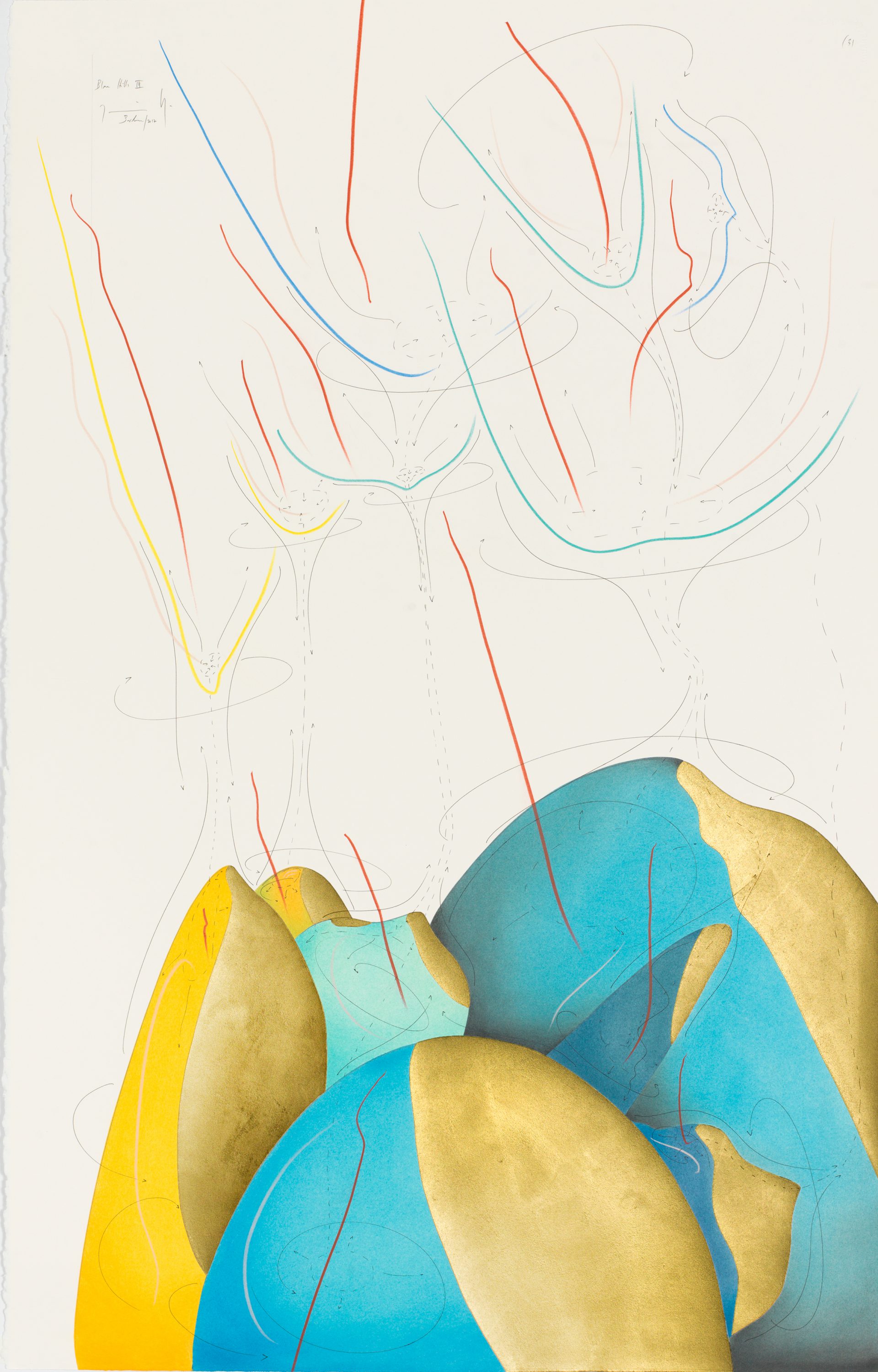 Blue Hills III Berlin 2017 102 x 66 cm Tinte, Blattgold, Pastell, Ölkreide, Graphit auf Papier, Unikat, Signiert Ink, gold leaf, pastels, oil chalks, graphite on paper, unique work, signed WV 2017-145