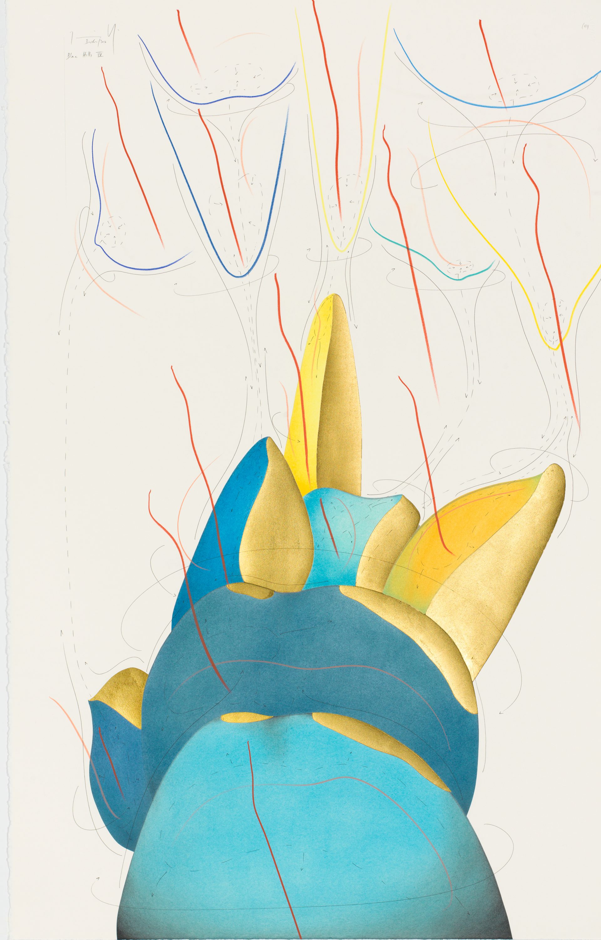 Blue Hills IV Berlin 2017 102 x 66 cm Tinte, Blattgold, Pastell, Ölkreide, Graphit auf Papier, Unikat, Signiert Ink, gold leaf, pastels, oil chalks, graphite on paper, unique work, signed WV 2017-146