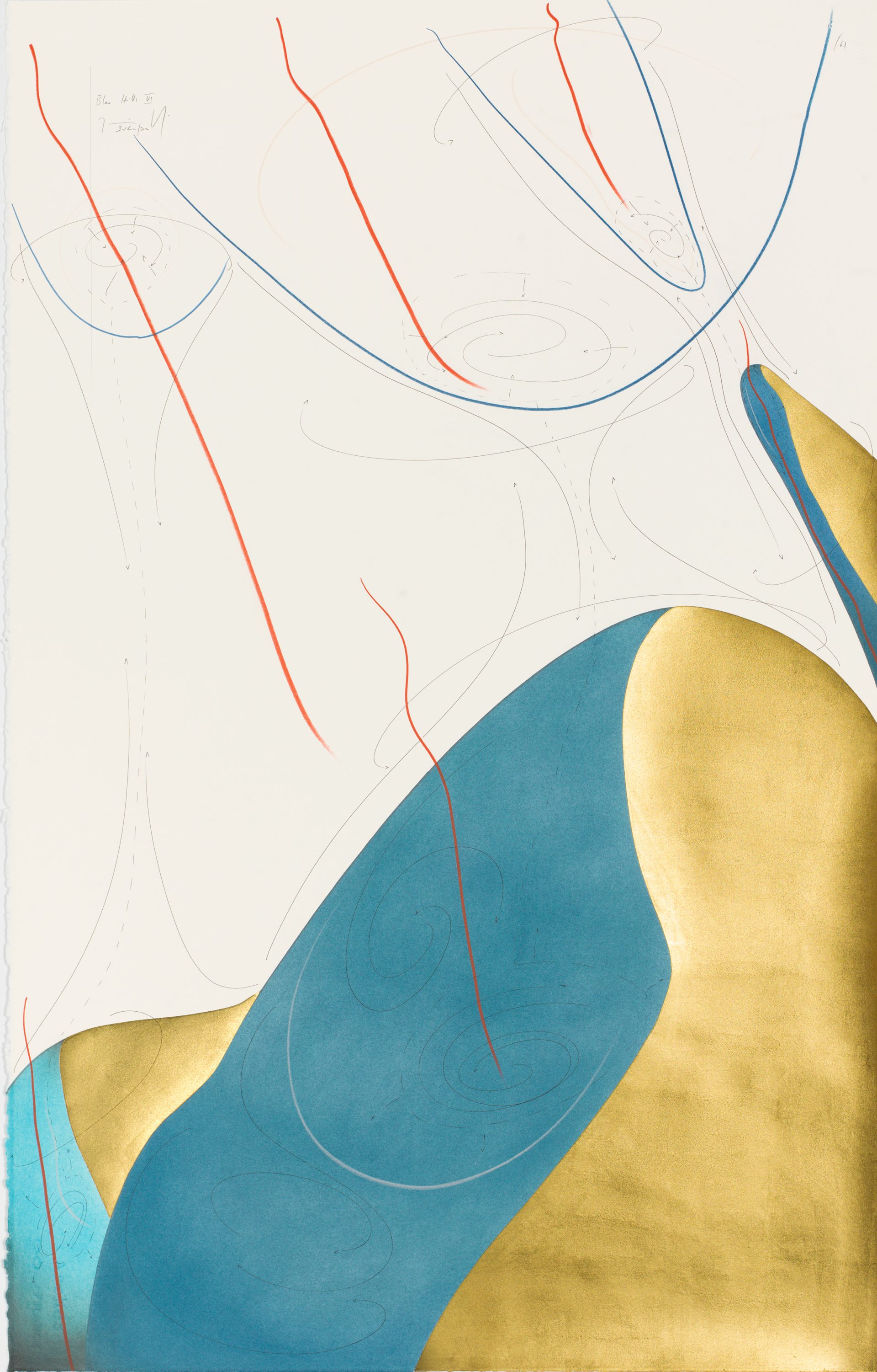 Blue Hills VI Berlin 2017 102 x 66 cm Tinte, Blattgold, Pastell, Ölkreide, Graphit auf Papier, Unikat, Signiert Ink, gold leaf, pastels, oil chalks, graphite on paper, unique work, signed WV 2017-148