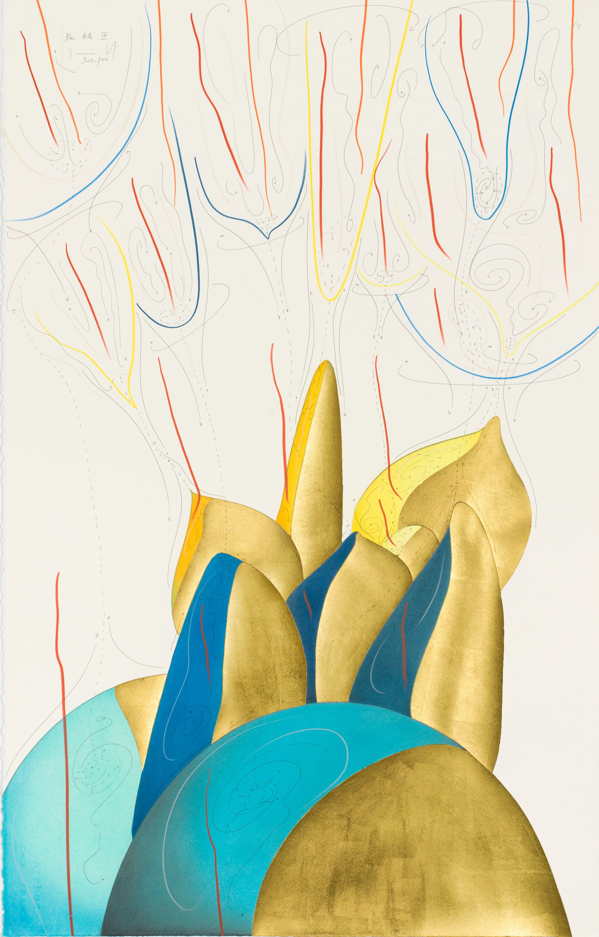 Blue Hills IX Berlin 2017 102 x 66 cm Tinte, Blattgold, Pastell, Ölkreide, Graphit auf Papier, Unikat, Signiert Ink, gold leaf, pastels, oil chalks, graphite on paper, unique work, signed WV 2017-151