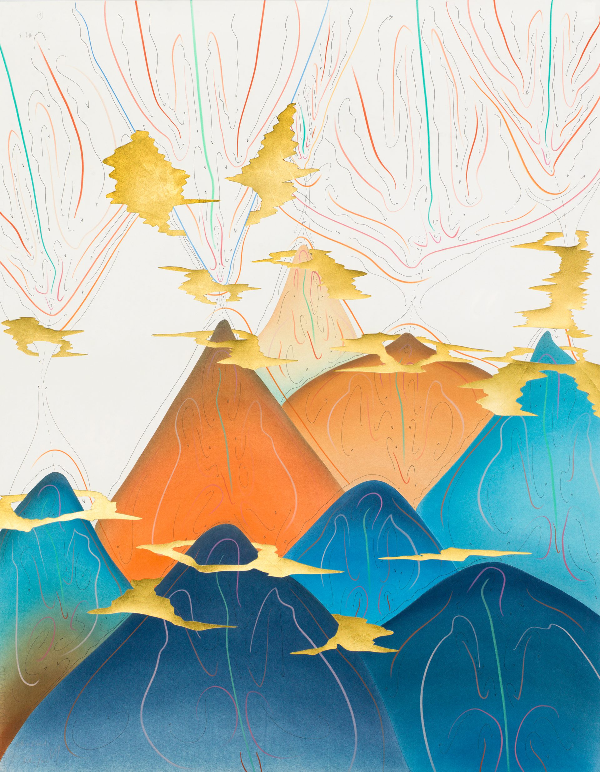 Hills+Clouds I Berlin 2017 88 x 69 cm Tinte, Blattgold, Pastell, Ölkreide, Graphit auf Papier, Unikat, Signiert Ink, gold leaf, pastels, oil chalks, graphite on paper, unique work, signed WV 2017-172