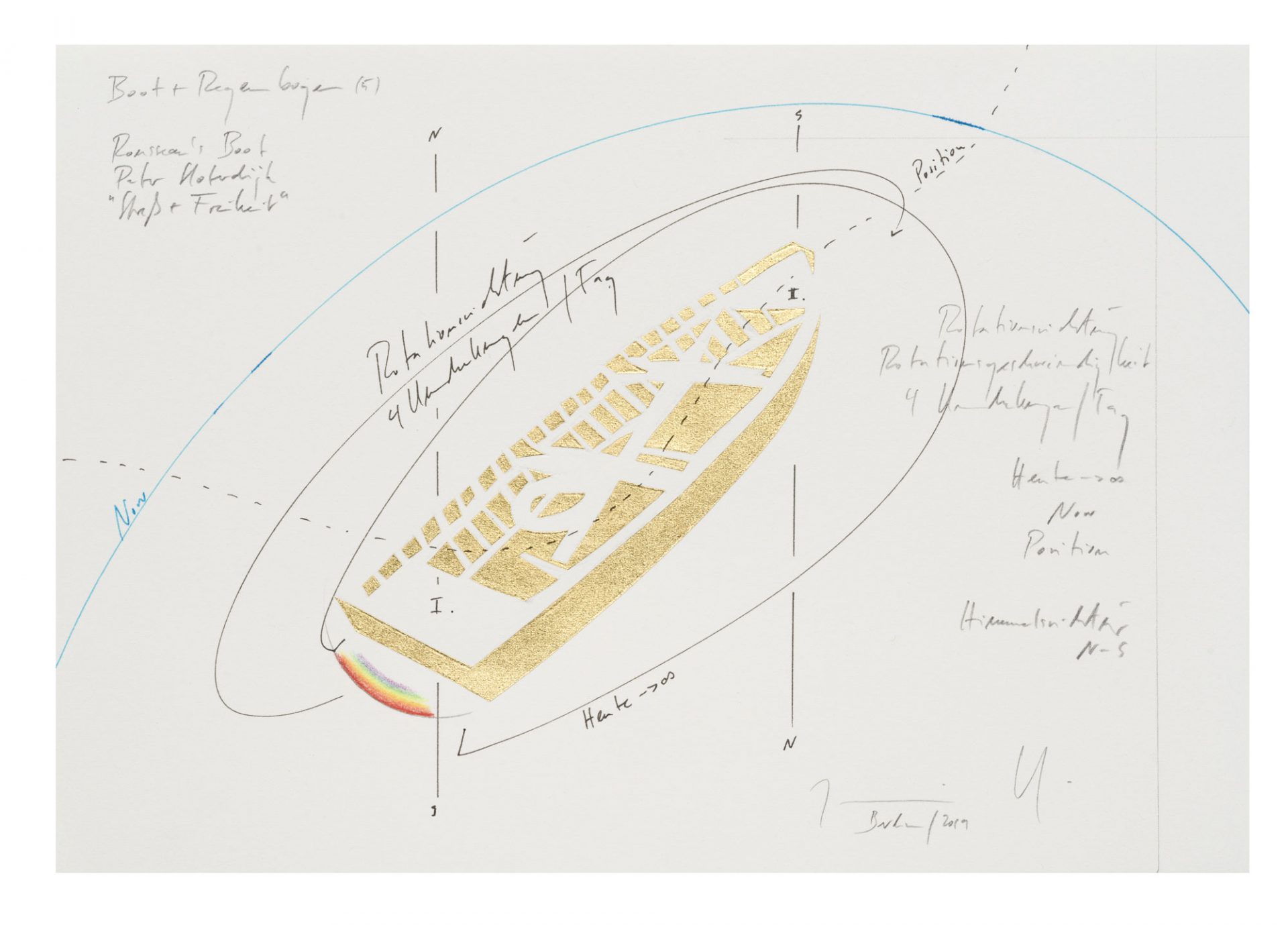 WV 2019-118 Boot + Regenbogen (5) Rousseau’s Boot Peter Sloterdijk „Streß + Freiheit“ Direction of Rotation Speed of Rotation 4 Rotations/Day Today ® ∞ Now Position Direction North-South Jorinde Voigt Berlin 2019 18 x 26 cm Ink, graphite, gold leaf, oil chalks on paper unique work signed